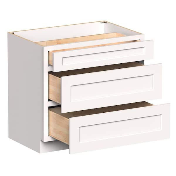 36 in. W x 24 in. D x 34.5 in. H in White HDF Ready to Assemble Drawer Base Kitchen Cabinet with 3 Drawers