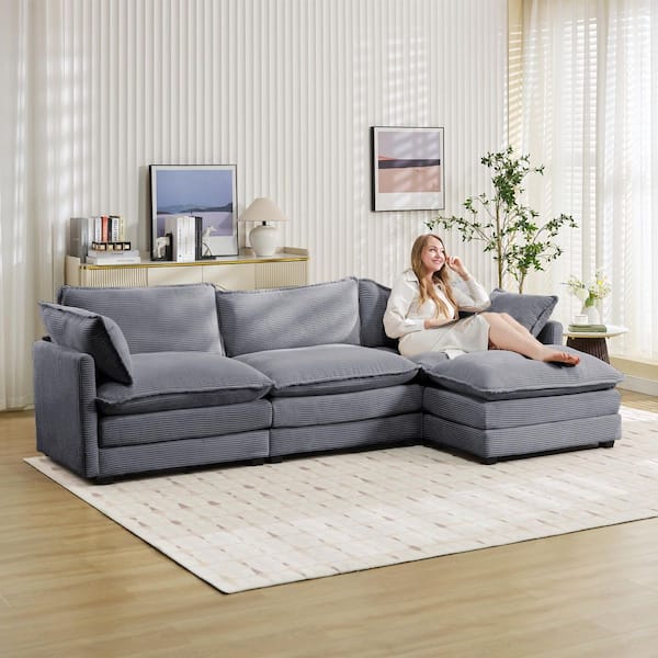 Jearey Modern 112 in. W 4-Piece Corduroy Fabric Sectional Sofa with Ottoman in Dark Grey