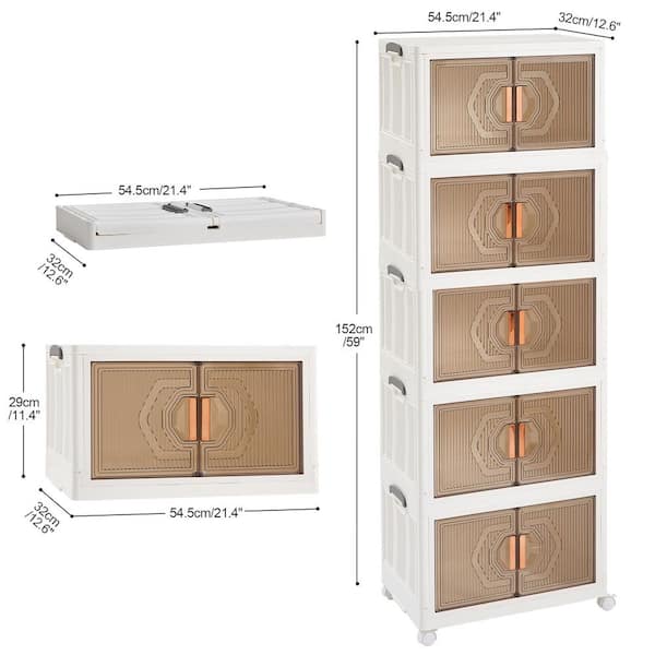 5-Tier Foldable Stackable Accent Storage Cabinet with Wheels, White 16 Gallon Plastic 59 in. Storage Bins with Lids