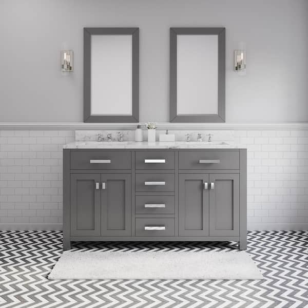 Water Creation Madison 60 in.W x 21.5 in.D x 34in.H Double Sink Bath Vanity in Cashmere Grey with Carrara White Marble Top and Faucets