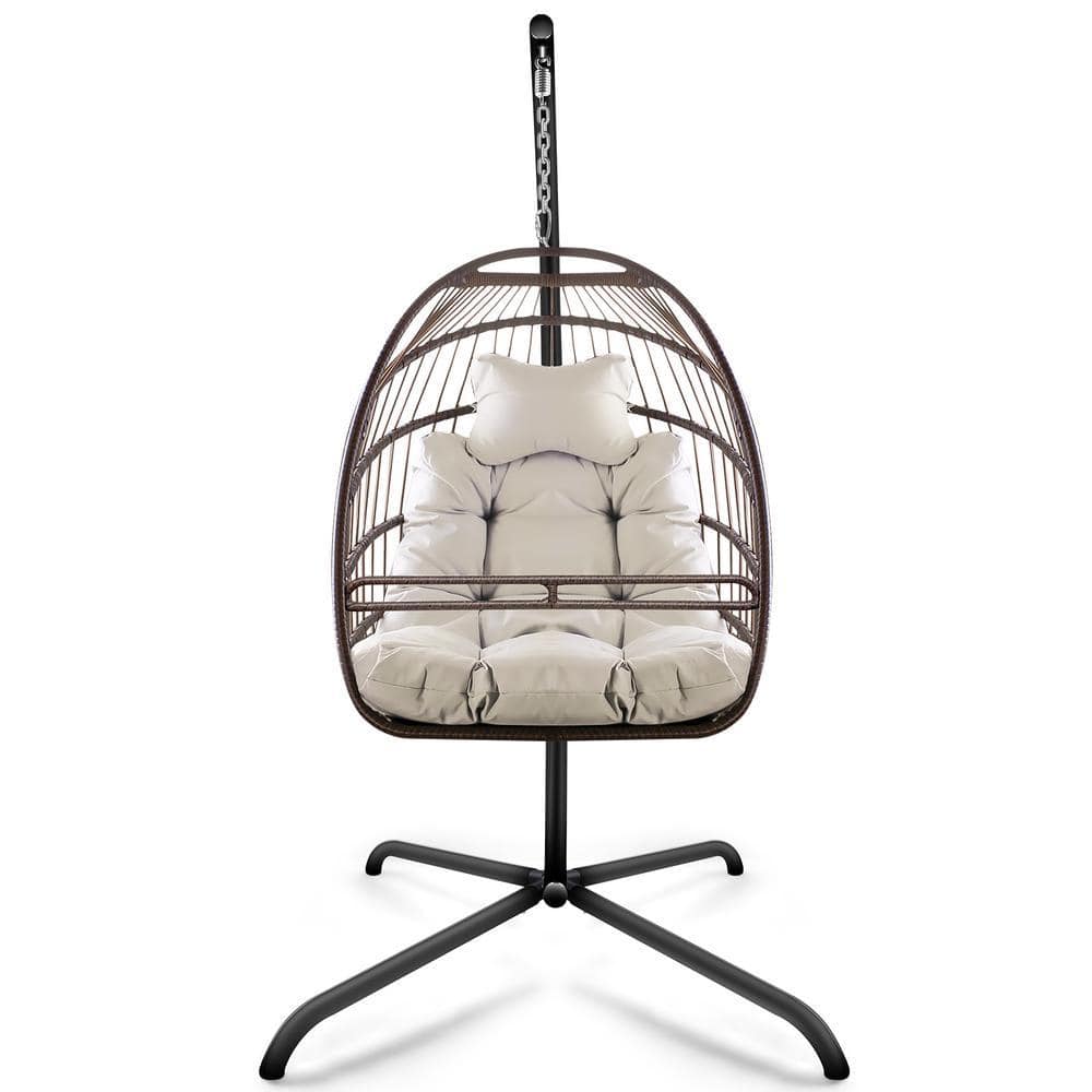 Brown Wicker Outdoor Basket Hanging Lounge Chair with Beige Cushion, Pillow, Special Construction Cup Holder