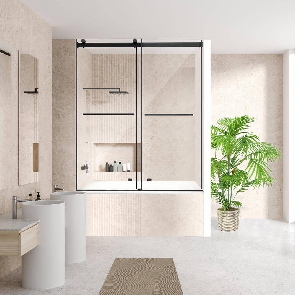 Belizzi 60" Matte Black Frameless Tub Door with Clear Glass