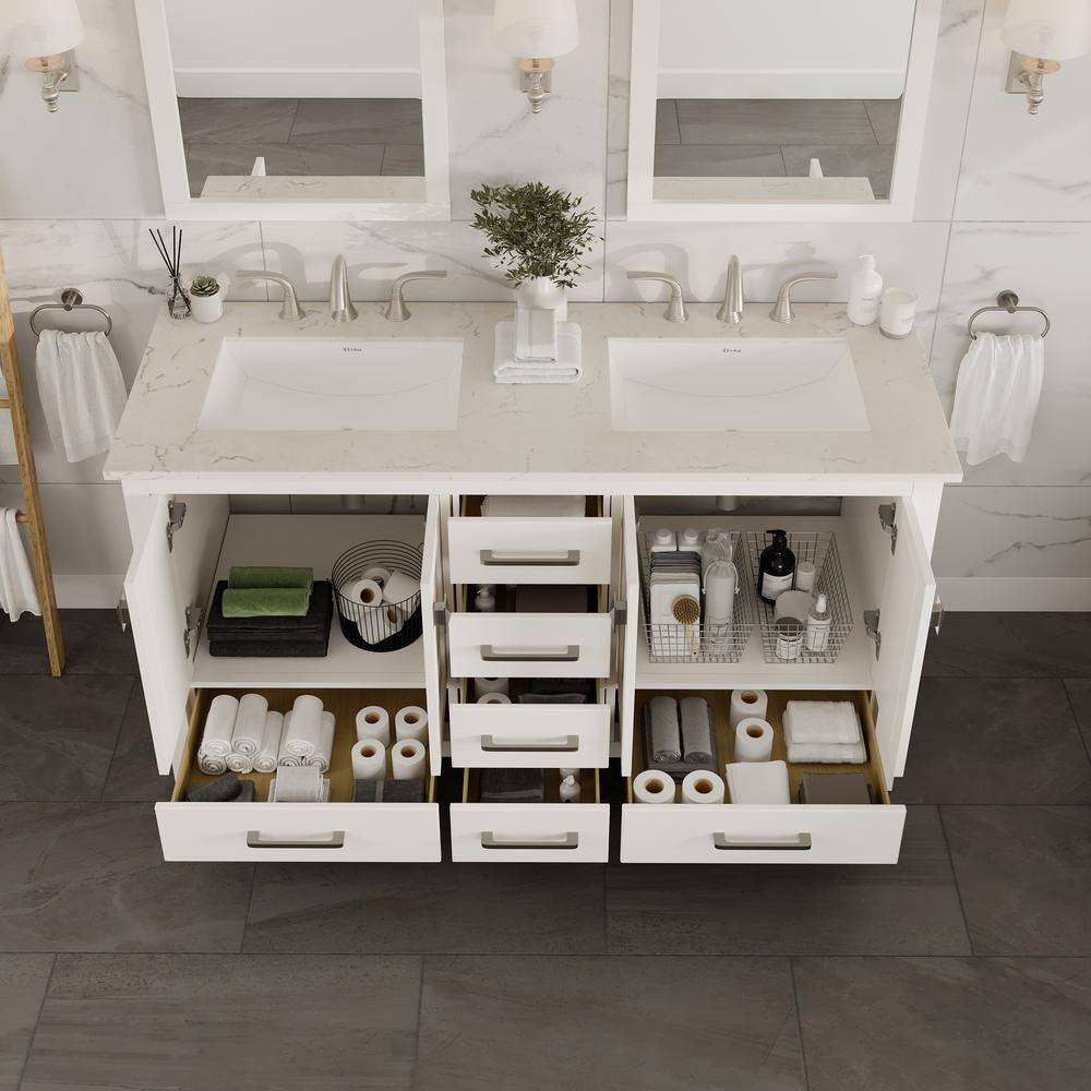 Aberdeen White Double Sink Bathroom Vanity with Carrara Quartz Top