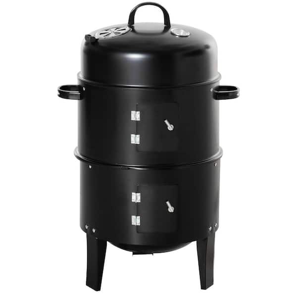 16 in. Black Metal Charcoal Smoker, 2-Tier Round BBQ Grill with Thermometer for Outdoor Camping Picnic Backyard Cooking