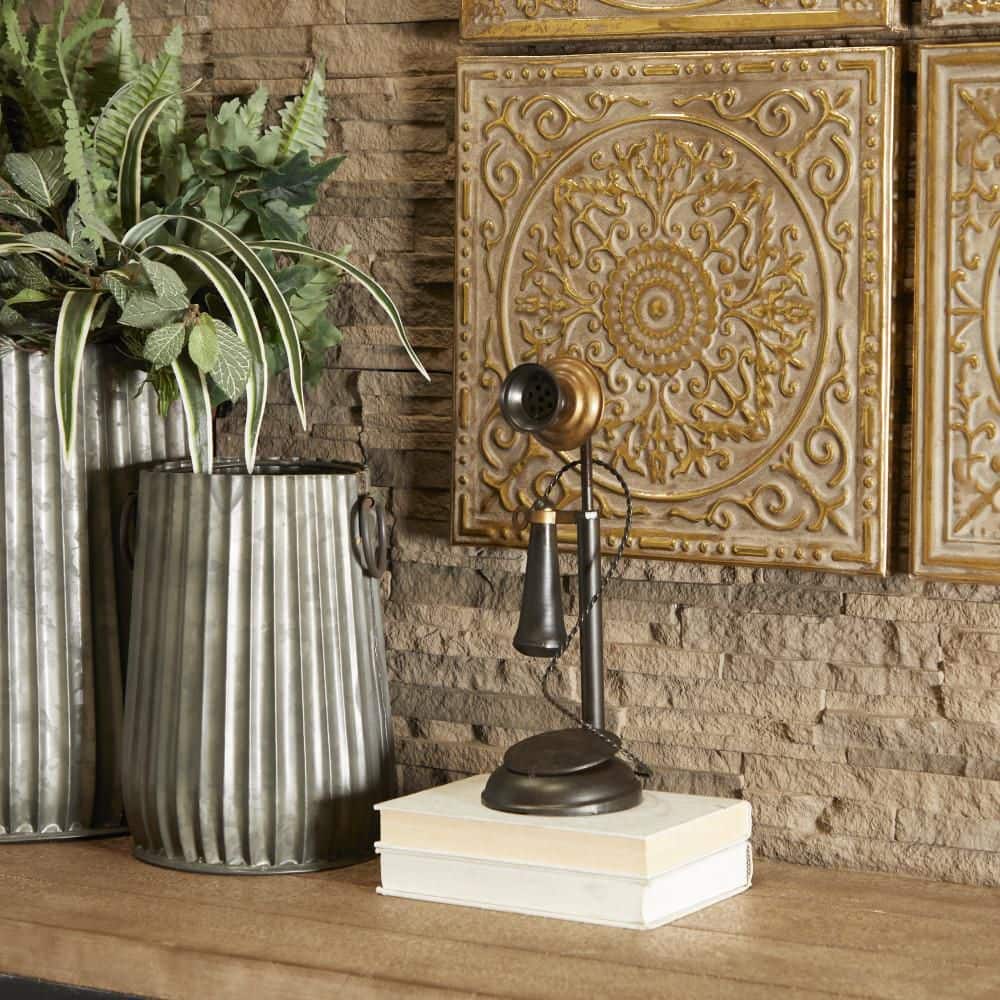 Vintage Black and Brass Metal Telephone Sculpture with Round Base