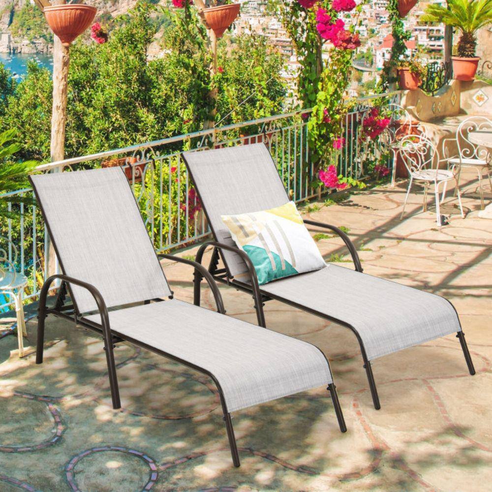 Gray 2-Piece Outdoor Patio Metal Chaise Lounge Chairs with Adjustable Reclining Armrest