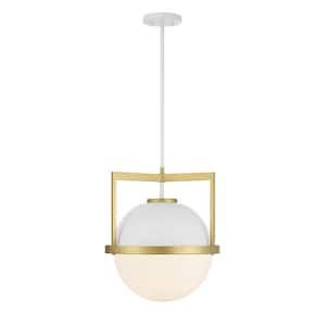 Carlysle 15 in. W x 17 in. H 1-Light White with Warm Brass Accents Statement Pendant Light with White Opal Glass Shade