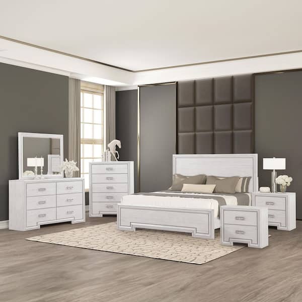 Osurin 6-Piece Rustic White Wood Frame King Panel Bedroom Set with Greek Key Pull, Metal Handles, Charger on Nightstand