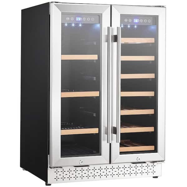 VEVOR Wine and Beverage Refrigerator, 24 in. Dual Zone Wine Cooler Built-in and Freestanding Fridge with Glass Doors Black
