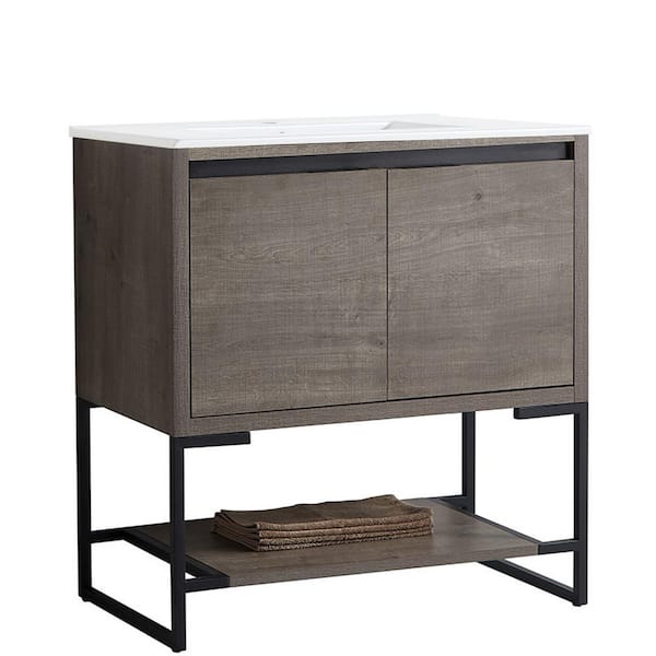 JimsMaison 36 in. W x 18 in. D x 34.25 in. H Bath Vanity Set in Grey Oak with Ceramic Vanity Top