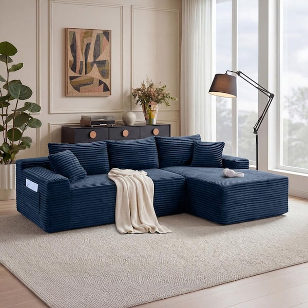 Xara 94.5 in. Square Arms 2-Piece Corduroy Modular Compressed Sectional Sofa in Blue with Right Arm Chaise and Pillows