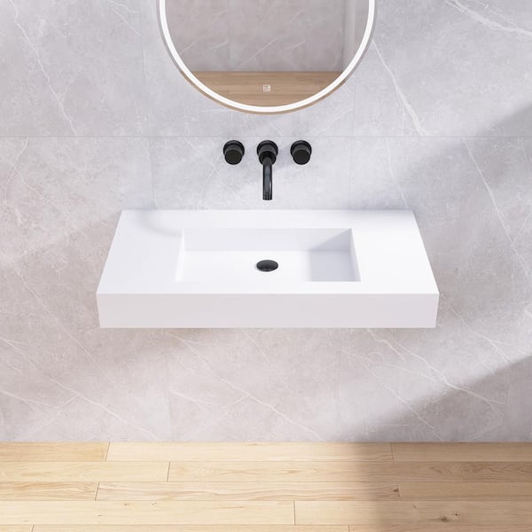 35 in. x 19 in. Solid Surface Wall-Mounted Bathroom Vessel Sink in White