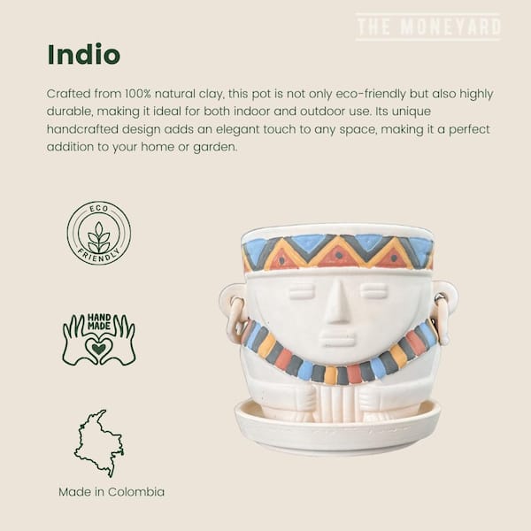 Unbranded Indio Large 5.9 in. tall white with color details, Clay, indoor planter with plate