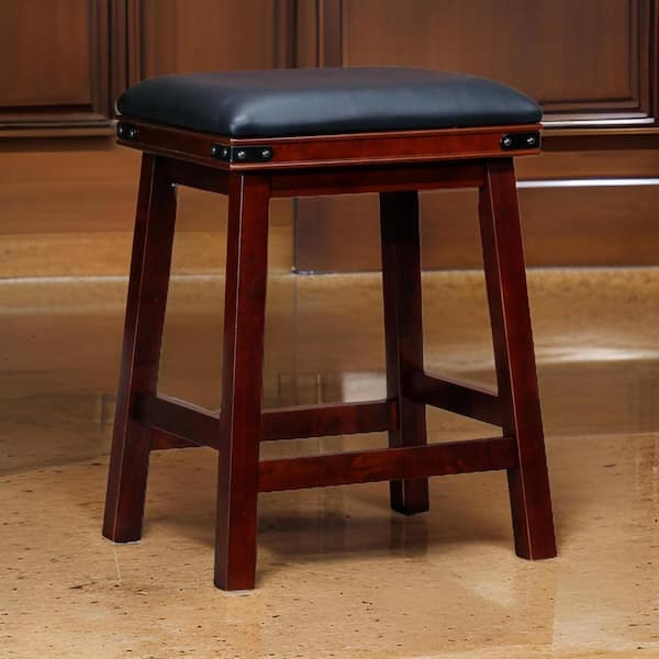 Benjara 24 in. Brown and Black Backless Wood Frame Bar Stool with Leather Seat