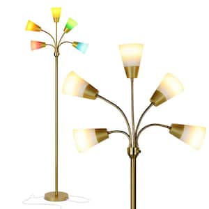 Medusa Modern 78 in. Antique Brass Modern 5-Light Adjustable Gooseneck LED Floor Lamp with 5 Multicolored Cone Shades