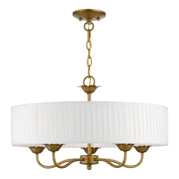 AVIANCE LIGHTING Northbrook 5-Light Antique Gold Leaf Pendant Chandelier with Pleated Off-White Fabric Shade