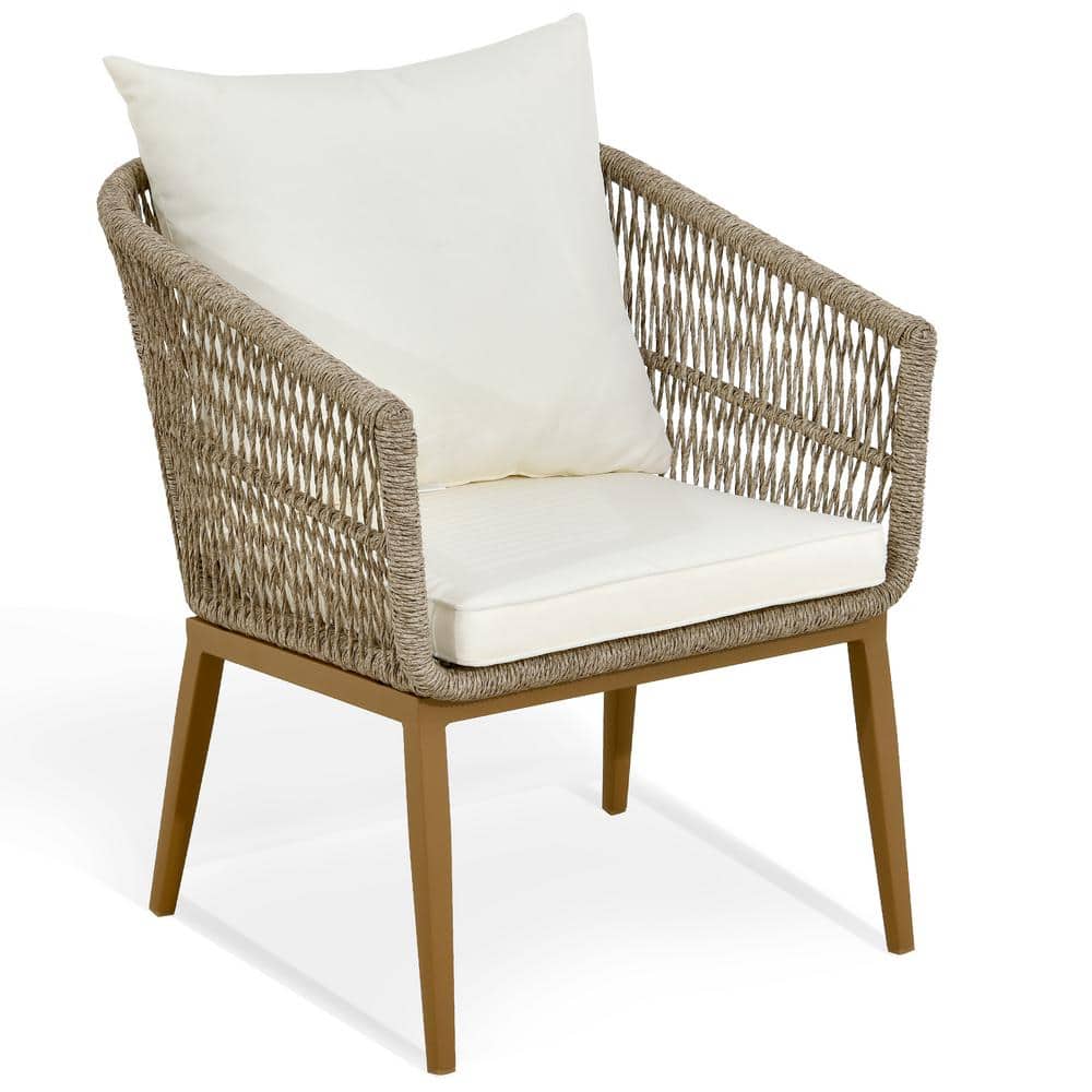 Tan Wicker Dining Chair with Cushions and Steel Frame