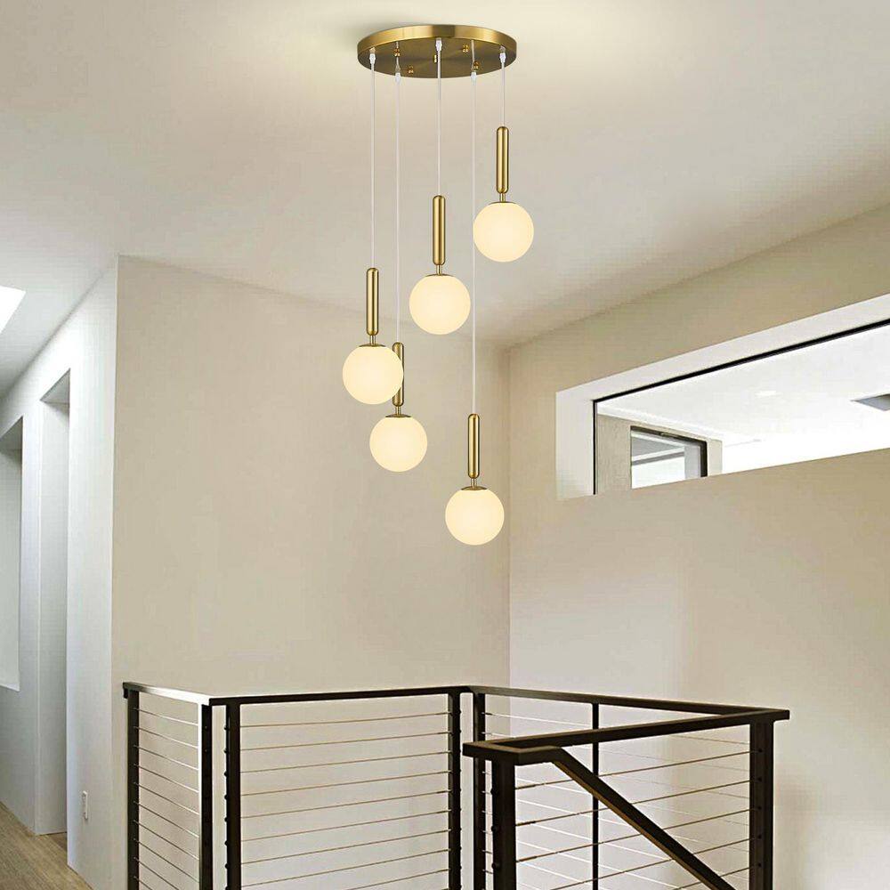 Home Lighting 40W 5-Light Mid Century Gold Retro Round Pendant Light with Globe Milky White Glass for Bedroom price history on PriceWatchPro