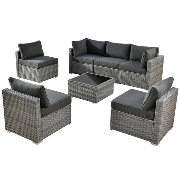 Messi Gray 7-Piece Wicker Outdoor Patio Conversation Sectional Sofa Set with Black Cushions