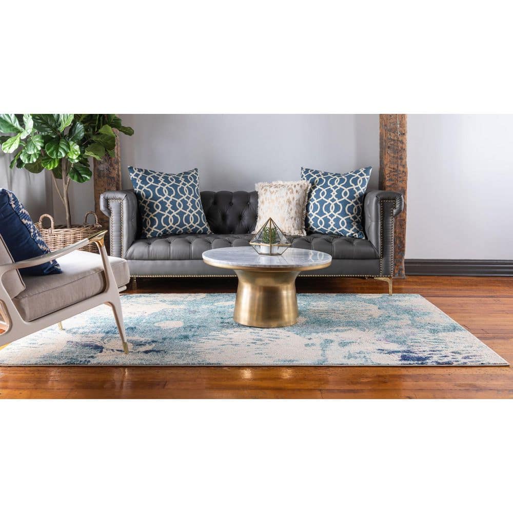 Light Blue Coastal Coral Pattern Synthetic Area Rug, 8' x 10'