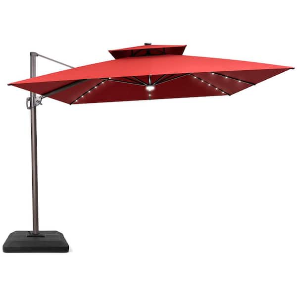 Crestlive Products 11 ft. x 11 ft. LED Square Swivel Double Top Cantilever Patio Umbrella in Red with 220 lbs. HDPE Base