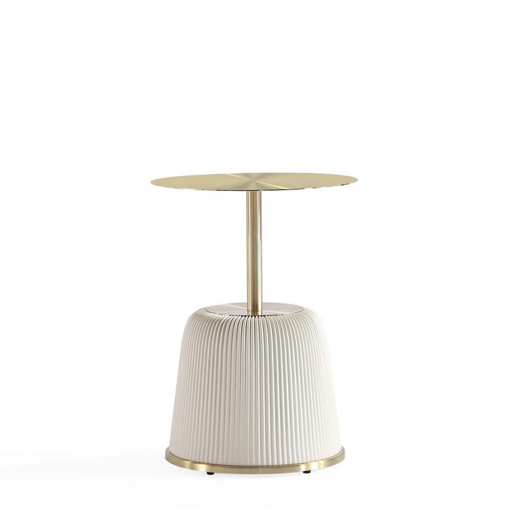 Cream and Gold Round Metal Accent Table with Ridged Base