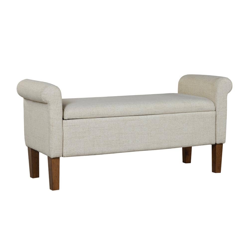 Natural Upholstered Storage Bench with Rolled Armrests