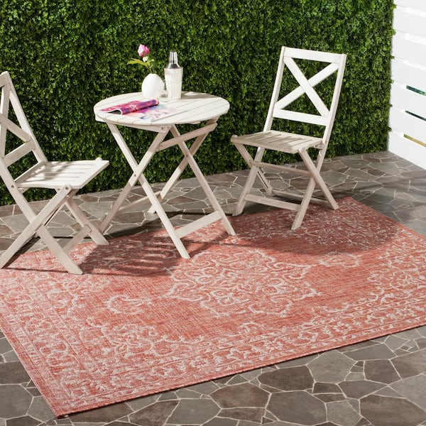 Courtyard Terracotta/Beige 7 ft. x 10 ft. Border Ornate Indoor/Outdoor Area Rug