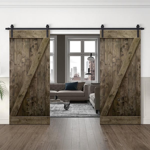30 in. x 84 in. Dark Coffee Wood Double Sliding Barn Door with Sliding Door Hardware Kit