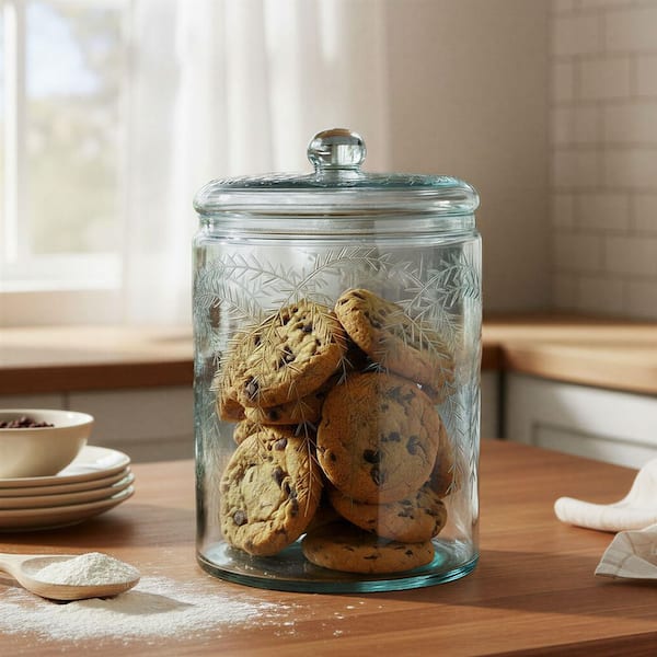 1-Piece Hand-Blown Glass Kitchen Canisters and Jars with Etched Botanical Design and Lid