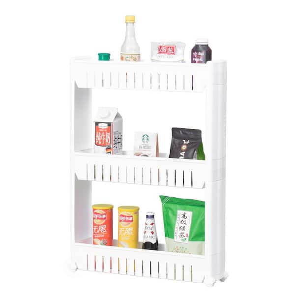 Basicwise Ready to Assemble 5 in. x 21 in. x 28.25 in. Plastic Pantry Storage Kitchen Cabinet 3-Shelf Cart Rack Tower Wheels White