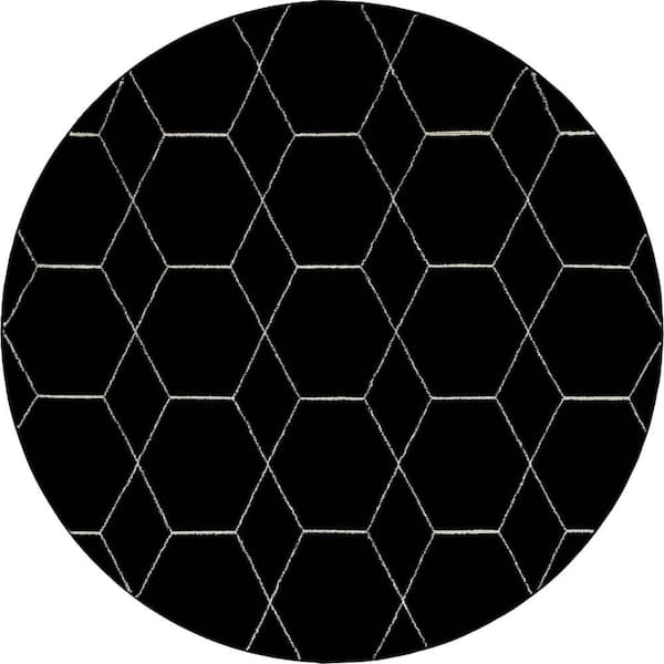 StyleWell Trellis Frieze Black/Ivory 8 ft. x 8 ft. Round Geometric Area Rug