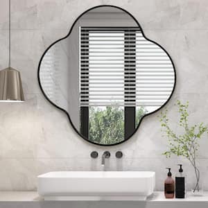 28 in. W x 28 in. H Scalloped Black Aluminum Alloy Framed Wall Mirror Four-leaf Clover Mirror for Living Room, Bathroom