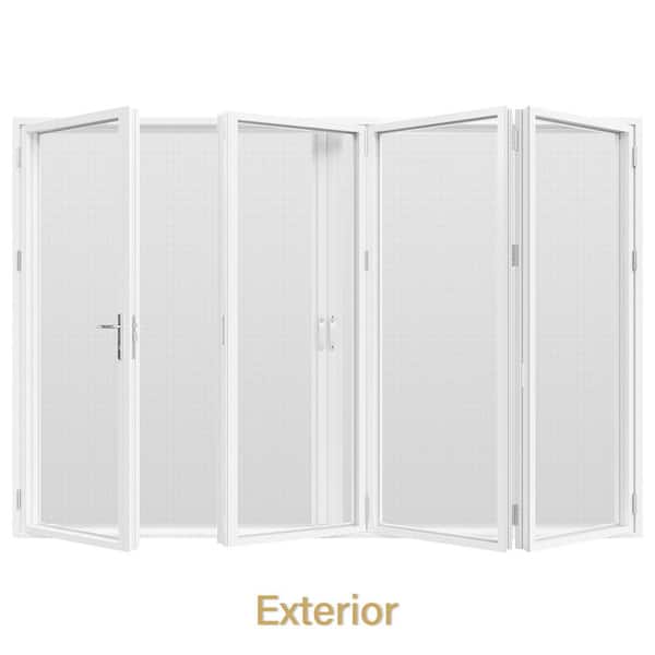 144 in. x 80 in. Right Swing/Outswing Double Tempered Glass White Aluminum Folding Patio Door with Retractable Screen
