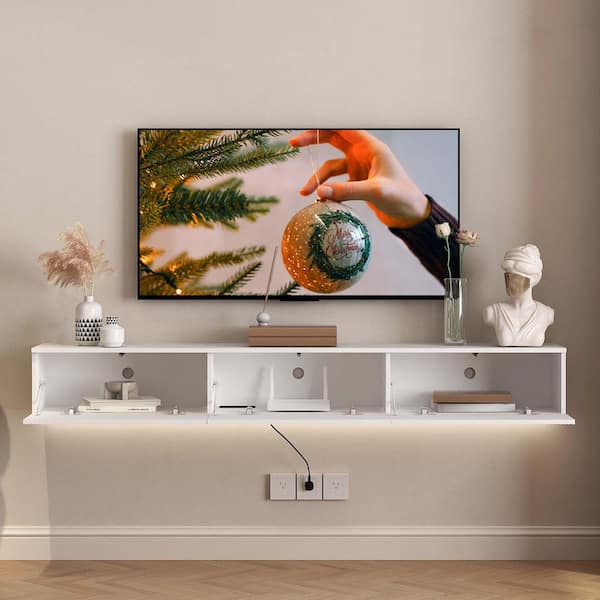 68.80 in. W x 11.80 in. D White Wood Modern Decorative Wall Shelf with Led