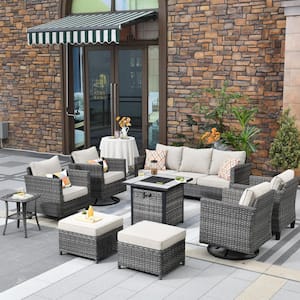 Mars Gray 9-Piece 7-People Wicker Patio Conversation Fire Pit Sofa Set with Beige Cushions and Swivel Rocking Chairs