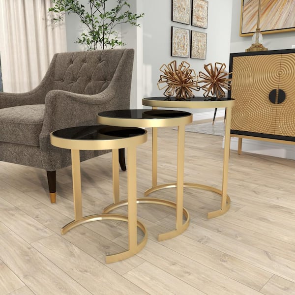 Litton Lane 18 in. Gold Nesting Large Round Glass End Accent Table with Black Glass Top (3- Pieces)