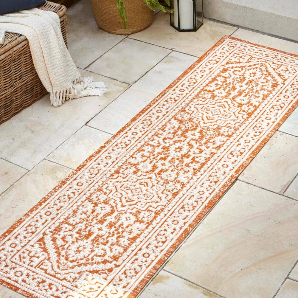 Sinjuri Medallion Orange & Cream 2x8 Flat Woven Area Rug