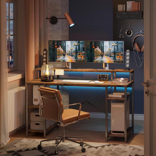 55 in. Rustic Brown Computer Desk with Monitor Stand and Adjustable Storage Shelves