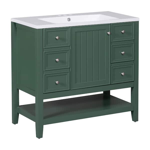 36 in. W x 18 in. D x 34.1 in. H Single Sink Freestanding Green Bath Vanity with White Ceramic Top