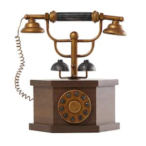 Antique Style Copper Metal Telephone with Brown Wooden Base