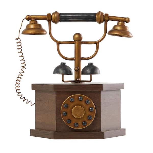 Litton Lane 13 in. Antique Style Copper Wooden Teleph1 with Brown Wooden Base