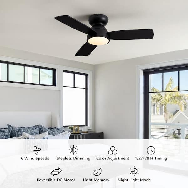 32 in. Smart Indoor Modern Black Low Profile Flush Mount Ceiling Fan with Integrated Dimmable LED with Remote Included