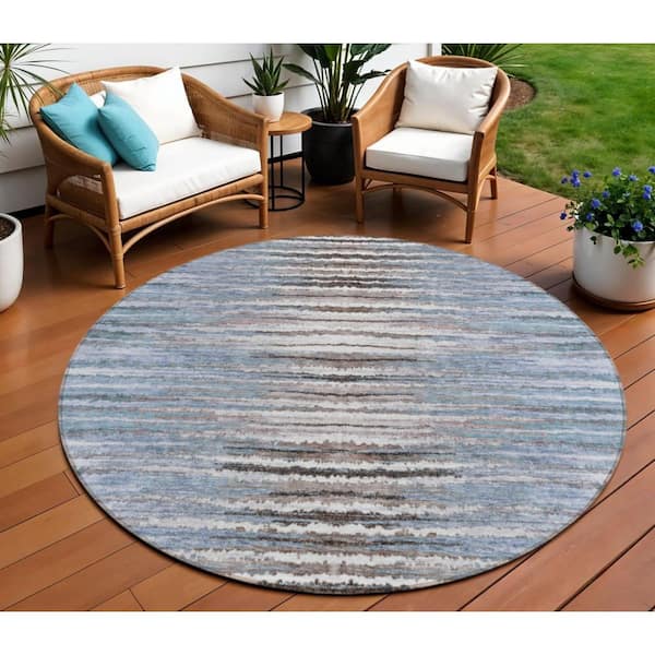 Sky Blue, Denim Blue 8 ft. Round Woven Striped Polyester Round Indoor/Outdoor Area Rug