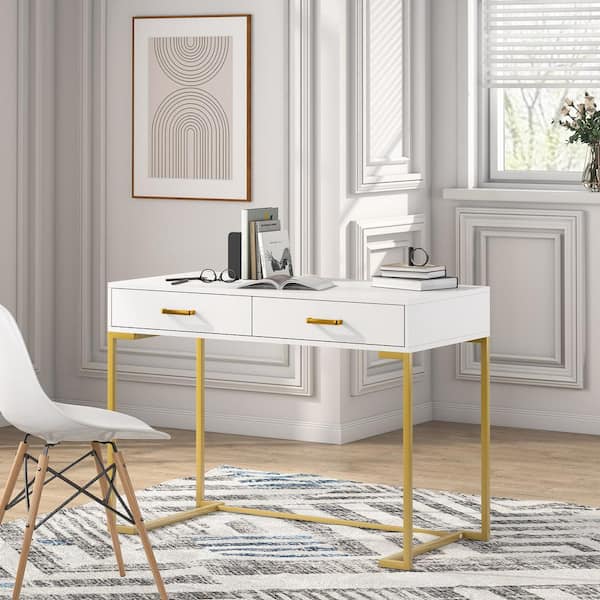 Halseey 39.4 in. Rectangular White Wood 2-Drawer Computer Desk with Gold L-Shaped Metal Base