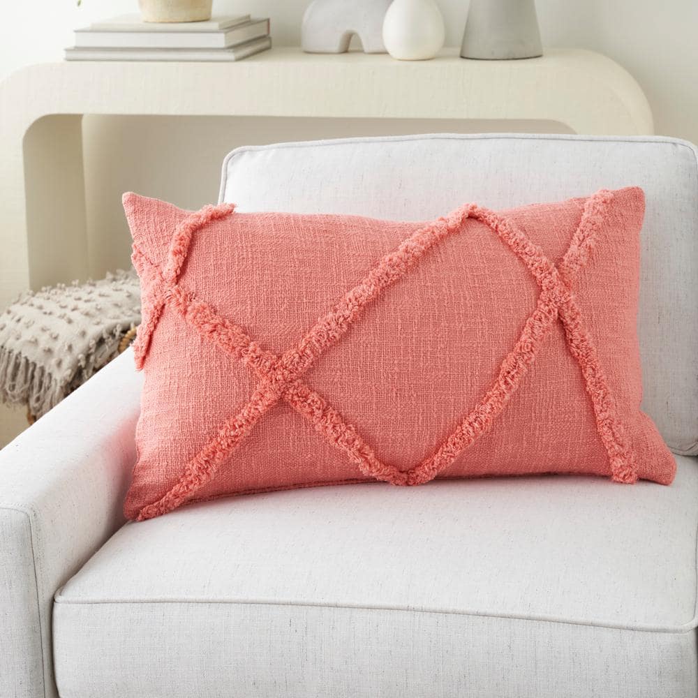 Coral Ruffled Cotton Lumbar Throw Pillow