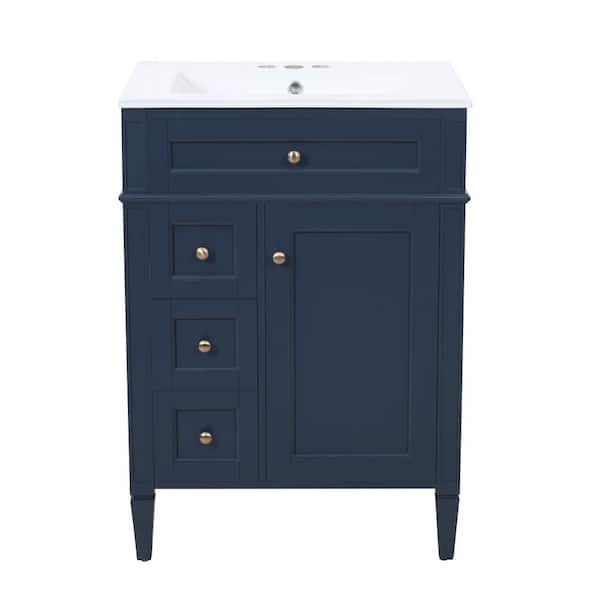 24 in. W Blue Freestanding Bath Vanity with White Ceramic Top Sink,2 Drawers and a Tip-out Drawer