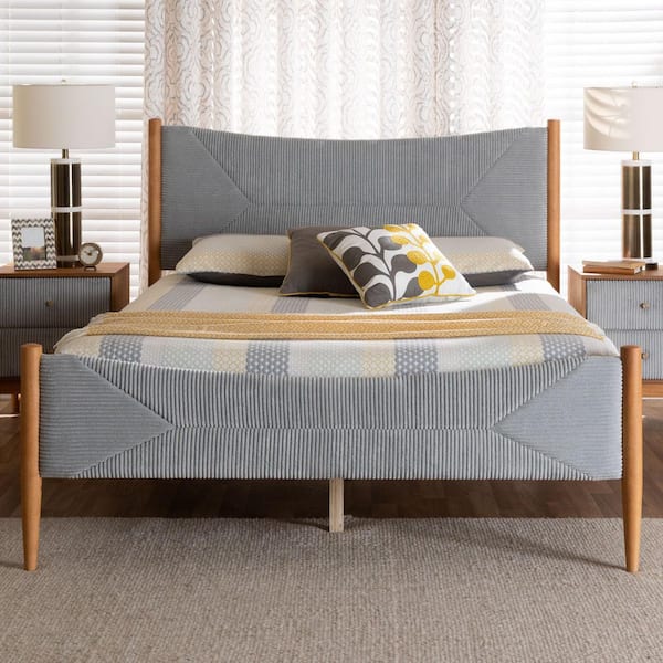 Taylin Grey Corduroy and Oak Brown Wood Frame Queen Platform Bed