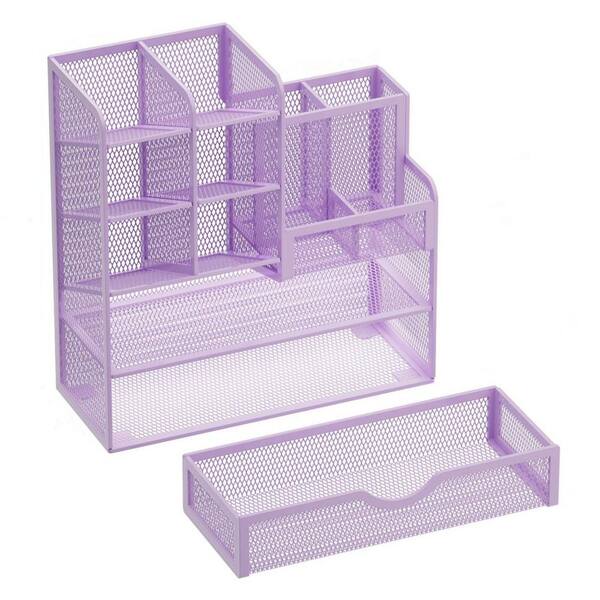 Angel Sar Multi-Functional Desk Organizer with Mesh Pen Holder and Drawer for Office, Purple