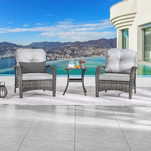 Patio Festival 3-Piece Wicker Patio Conversation Set with Gray Cushions